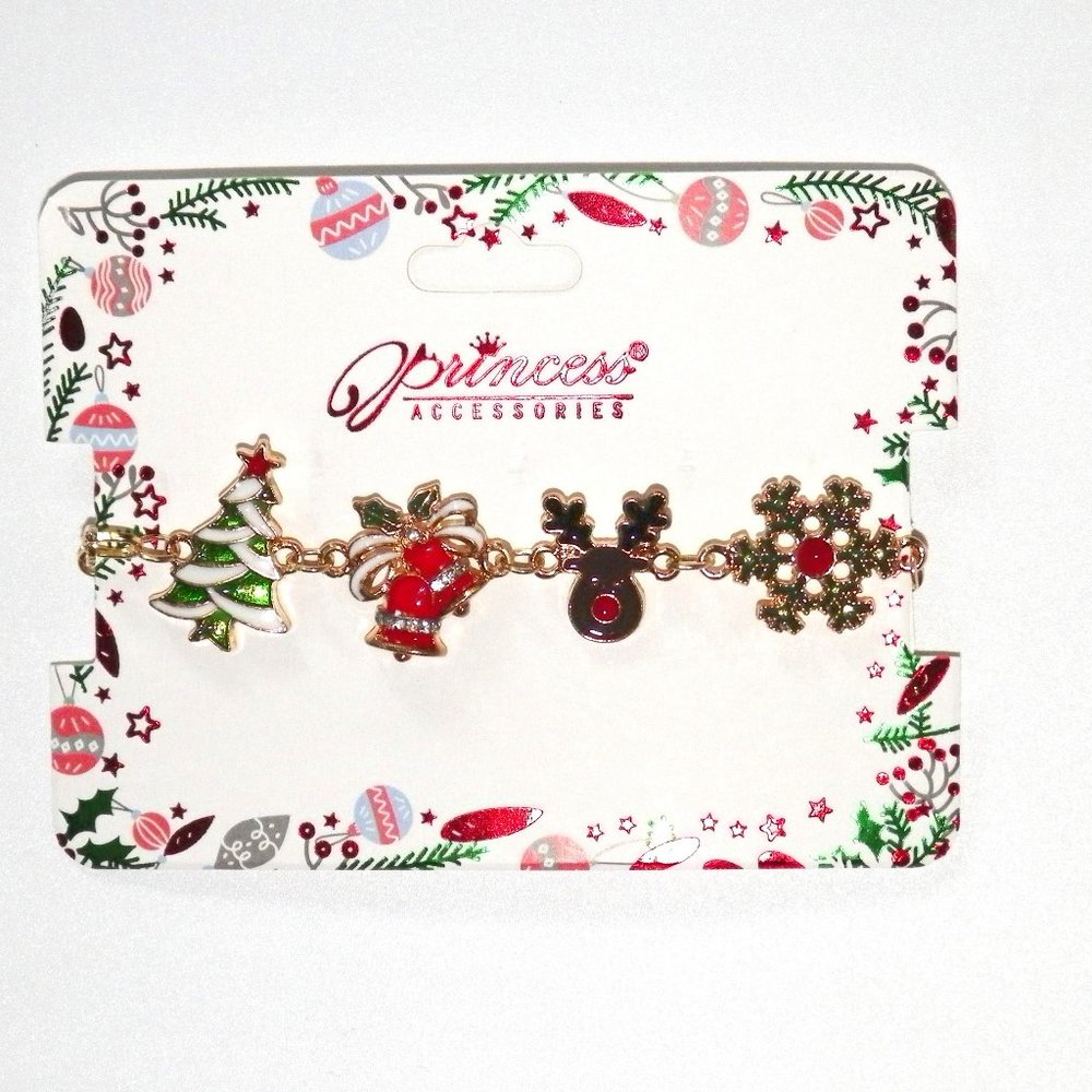 Gold 7" Christmas Charm Bracelet Tree Deer Snowflake Bells